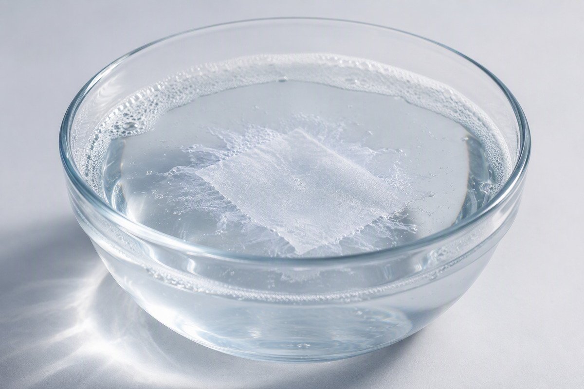 Laundry detergent sheet dissolving in clear water in a glass bowl
