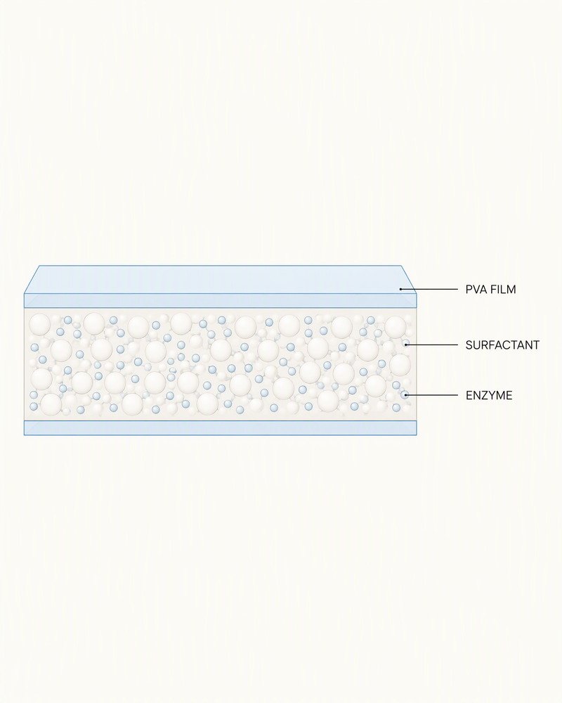 Cross-section diagram of a laundry detergent sheet showing PVA film, surfactant and enzyme layers