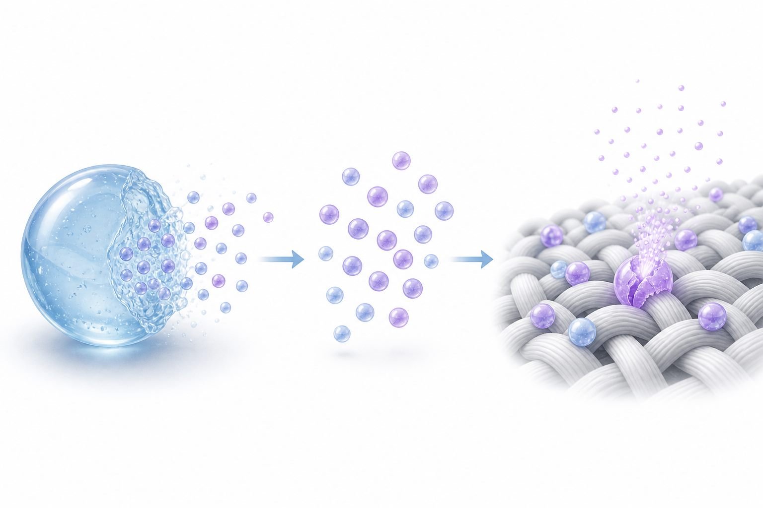 Illustration of a scent booster bead dissolving and depositing fragrance micro-capsules onto fabric fibers