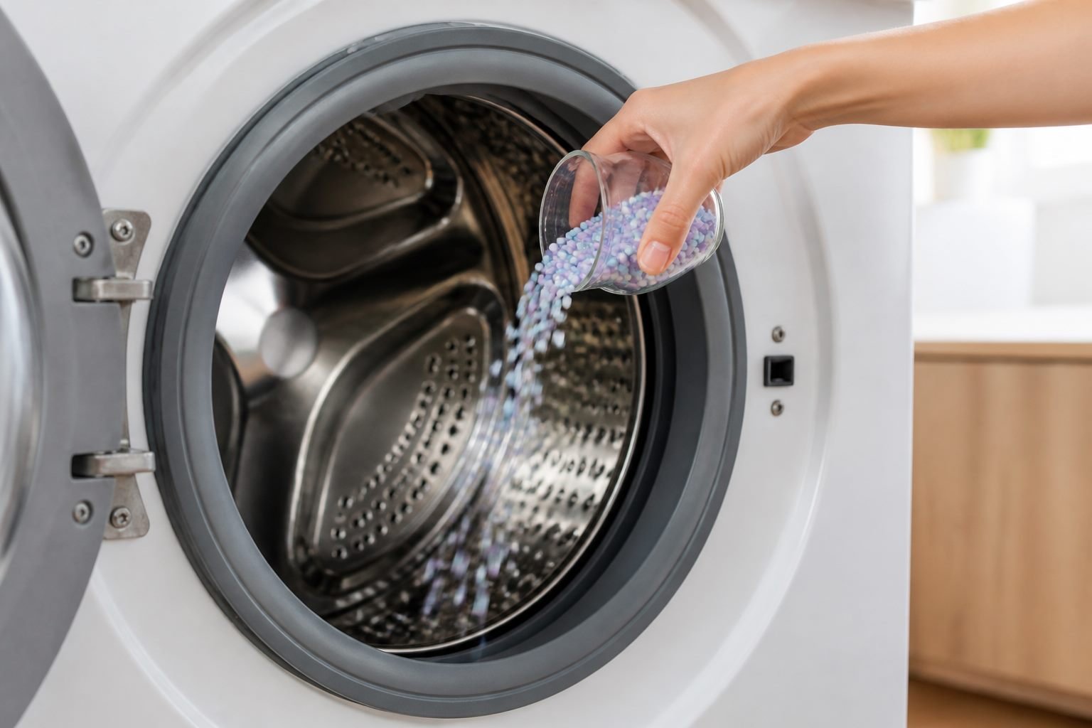 Pouring scent booster beads into a washing machine drum