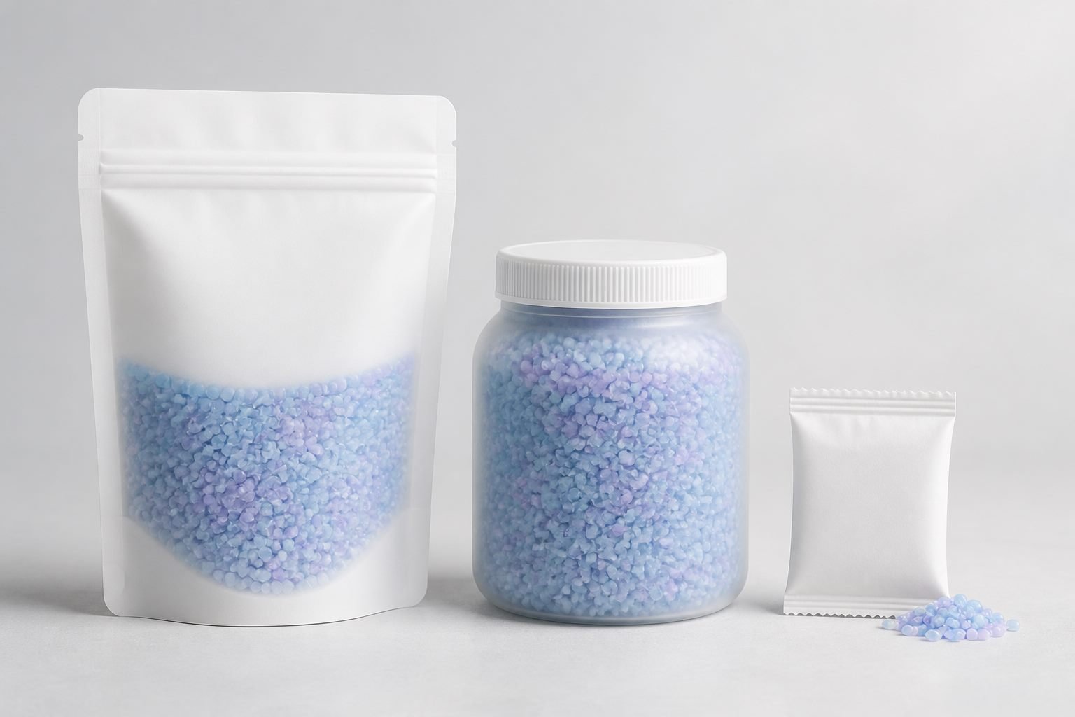 Three packaging formats for scent booster beads: resealable pouch, jar, and single-dose sachet