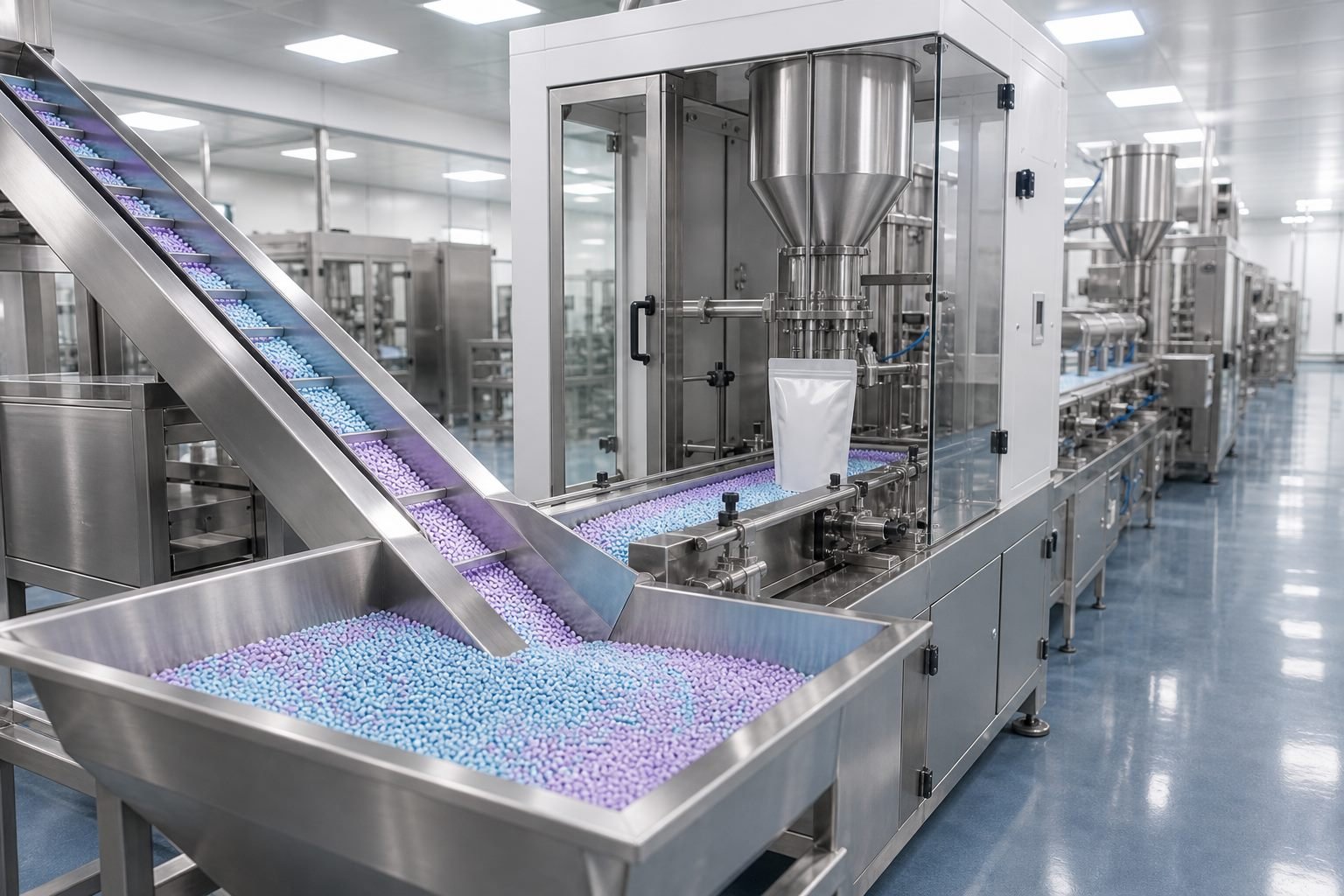 Modern scent booster bead production and filling line in a clean factory